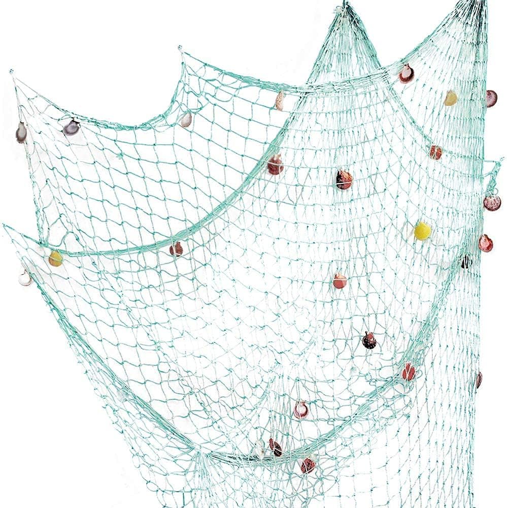 Nature Fish Net Wall Decoration with Shells, Ocean Themed Wall Hangings Fishing Net Party Decor for Pirate Party,Wedding,Photographing Decoration (2pack-Beige/Aqua)