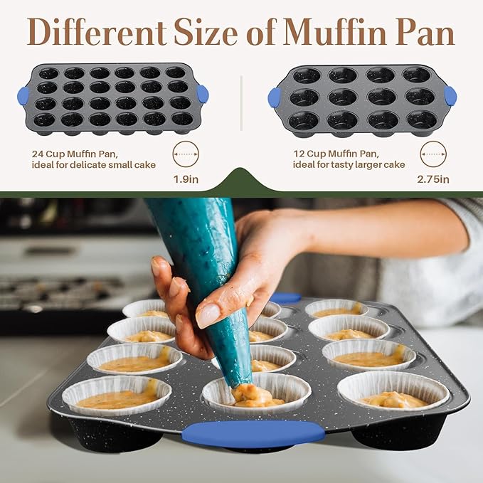 11-Piece Professional Stackable Baking Set, Oven-Safe Nonstick Cookware with Cool-Touch Handles - Features Cookie Sheet, Cake Pan, Muffin Tin, Pizza Stone & Bread Loaf Pan, Black&Blue