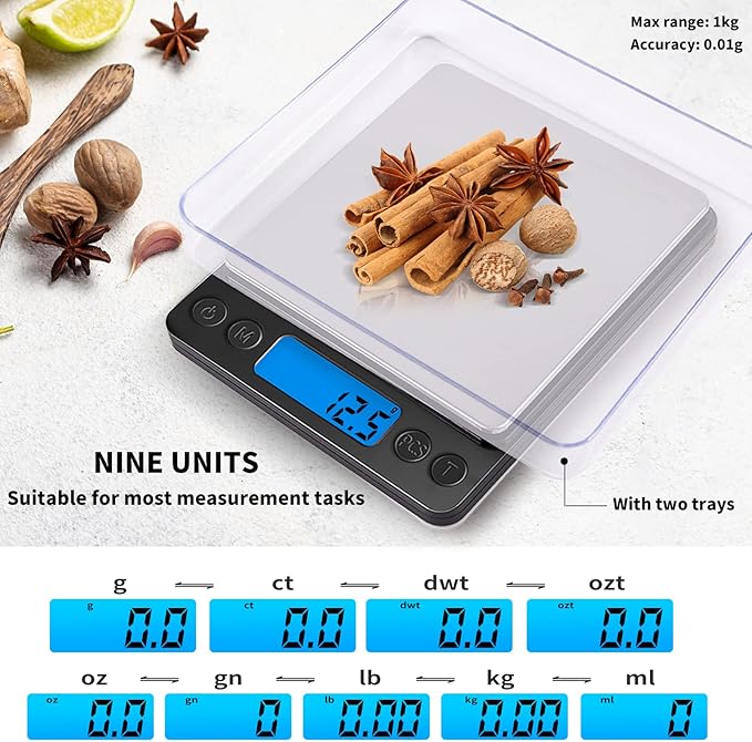 Small Digital Gram Scale 1000g by 0.01g, MEIYA High Accuracy Scale for Food Ounces and Grams, Upgrade USB Charging Kitchen Scale Digital Weight for Cooking, Baking, with Tare Function, 9 Units, 2 Tray