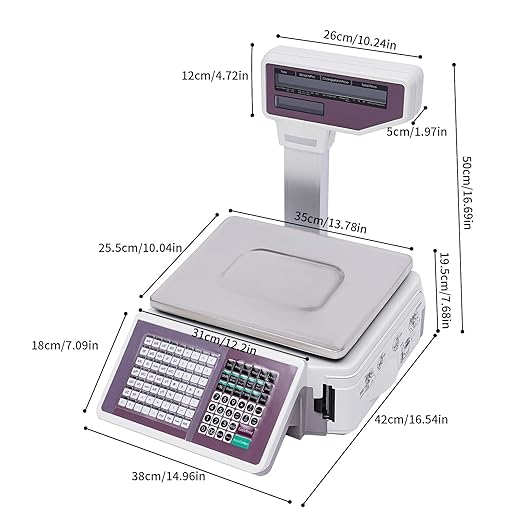 Label Printing Scale, 66Lbs Electronic Price Computing Scale with Pole Display Dual TD Thermal Label & Receipt Printer Commercial Barcode Scale for Supermarket Fruit Candy Snack Hot Pot Seafood Shops