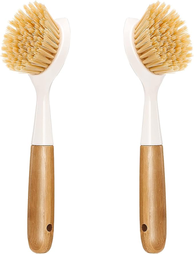 2 Pack Kitchen Dish Brush Bamboo Handle Dish Scrubber Built-in Scraper, Scrub Brush for Pans, Pots, Kitchen Sink Cleaning, Dishwashing and Cleaning Brushes are Perfect Cleaning Tools, White