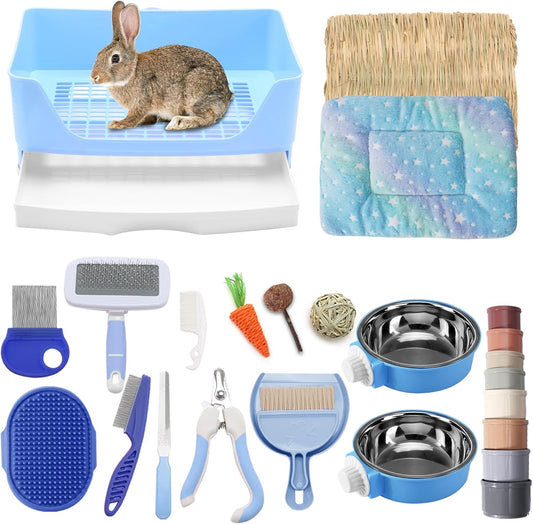 25 Pcs Large Rabbit Starter Kit, Bunny Litter Box with Drawer Animal Grooming Kit Stacking Cups Bowl Blankets Mat with Cleaning Set for Adult Guinea Pig, Ferret, Hamster, Bunnies Accessories (Blue)