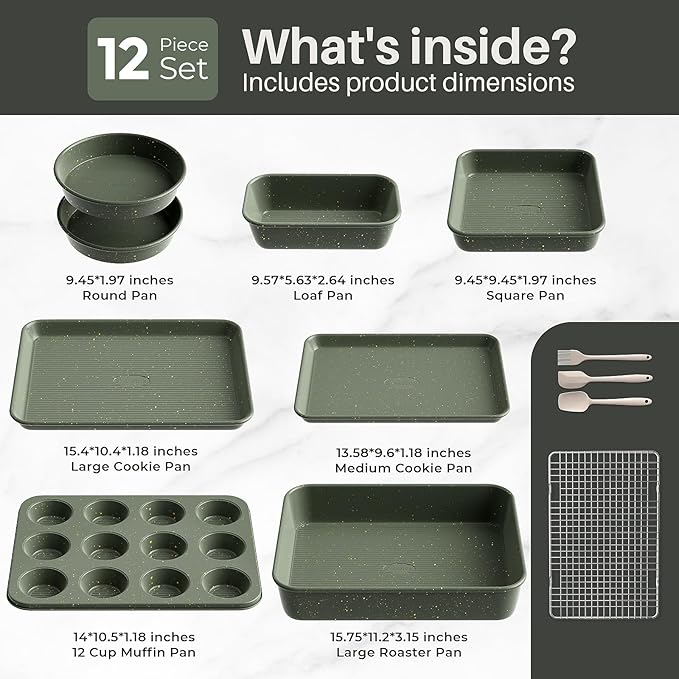12-Piece Nonstick Baking Set, Non-Toxic Bakeware Sets with Baking Sheet, Cake Pan, Square Pan, Loaf Pan, Roasting Pan, Muffin Pan, Cookie Sheet, Cooling Rack & Kitchen Utensilss - Ceramic Coated Green