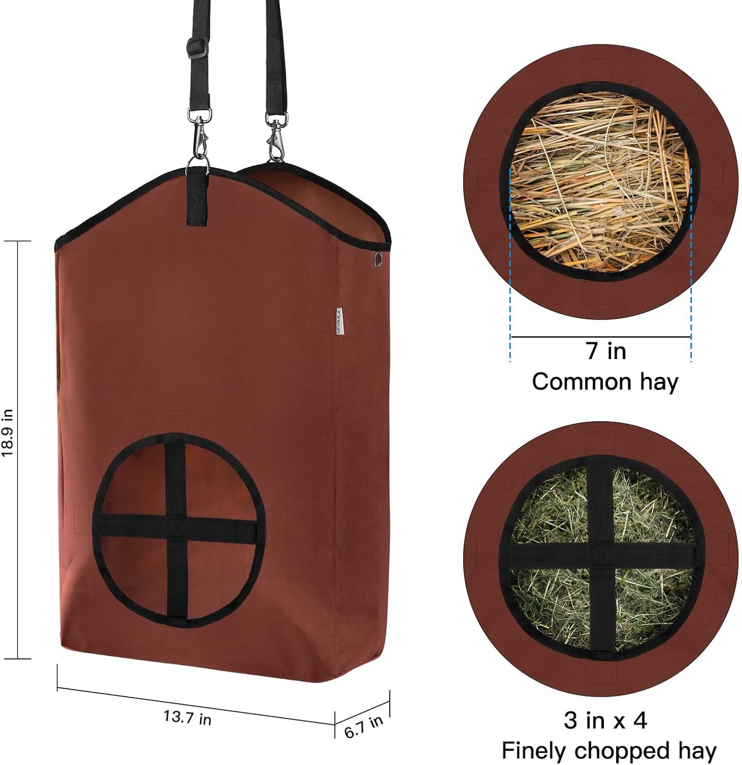 3 Packs Goat Hay Feeder,Hay Bags for Goats,Horses,Sheep,Premium 600D Oxford Cloth,with Metal Fastener and Adjustable Open Feed Hole for Slow Feeding. (2Brown + 1Black)