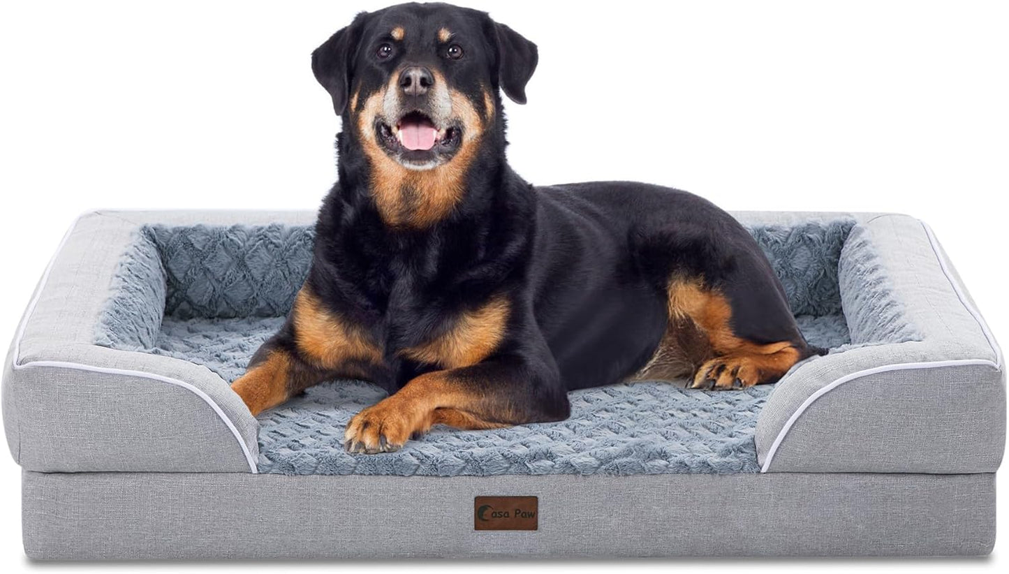 Orthopedic Waterproof Dog Bed for Extra Large Dogs, Memory Foam XL Dog Bed with Sides, Egg-Crate Foam and Non-Slip Bottom Jumbo Dogs Couch Beds with Washable Removable Cover(Jumbo,Light Grey)