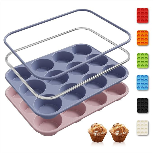 2 Pack 12 Cups Silicone Muffin Pan with Metal Reinforced Frame Regular Size Silicone Molds Cupcake Cake Baking Pans Baking Mold Best Baking Pans Tart Pan Sheet Set Reusable Cupcake Liners