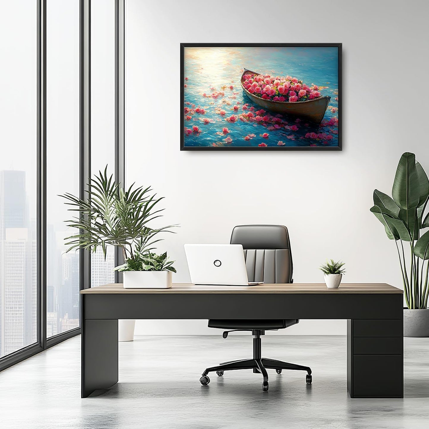 Large Lake Floral Landscape Wall Art for Living Room, Nature Boat Flower Canvas Oversized Wall Decor, Rose Scenery Framed Pictures Painting Print Artwork for Bedroom Office 36L" x 24W"