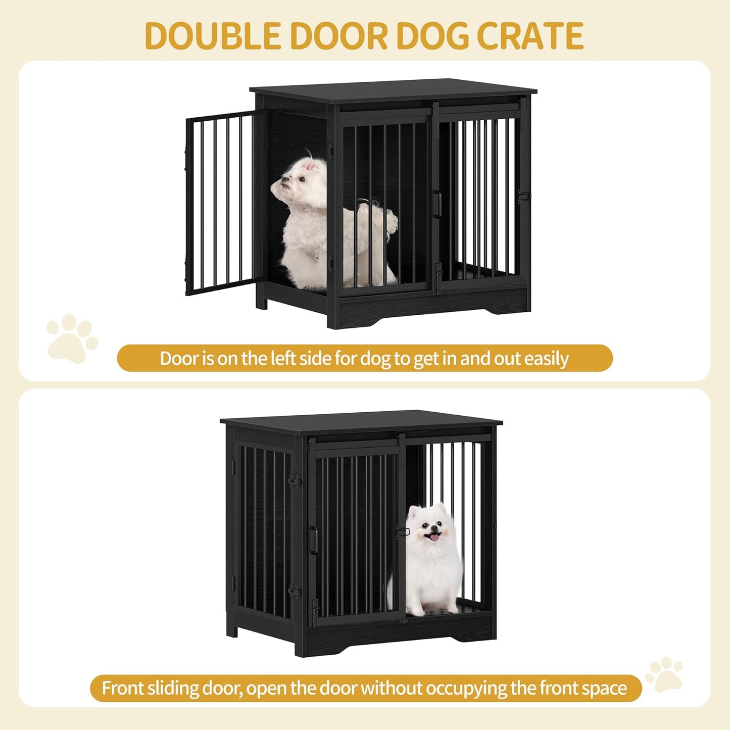 27.2" Dog Crate Furniture with Barn Door, Heavy Duty Dog Kennel Indoor with 2 Doors, Wooden Pet Cage End Table for Small Medium Dogs up to 22 lb, Anti-Chew Anti-Escape, Black DFC84304B