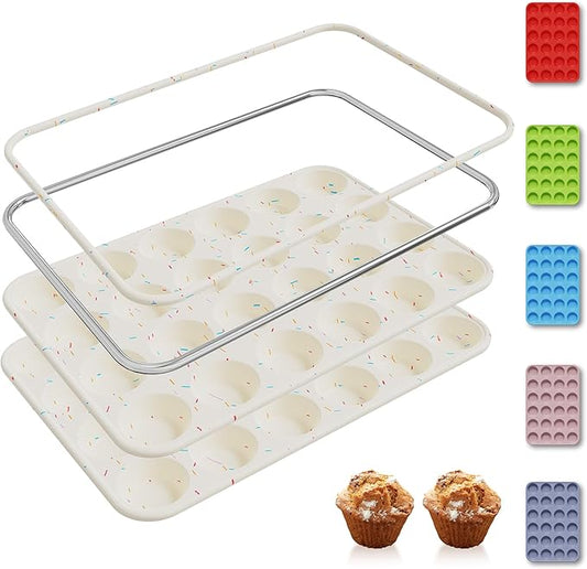 2 Pack 24 Cups Silicone Mini Muffin Pan with Metal Reinforced Frame Silicone Molds Cupcake Cake Baking Cheesecake Pans Cookie Baking Chocoflan Cupcake Mold Mini Bundt Cake Pan Women Gift