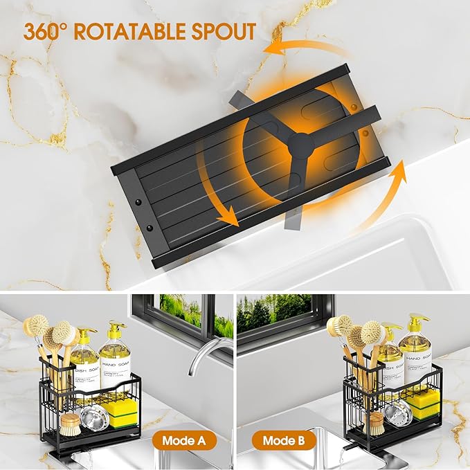 2-Tier Rustproof Kitchen Sink Caddy with Self-Draining Tray, Dish Brush & Sponge Holder, Non-Slip Base - Black