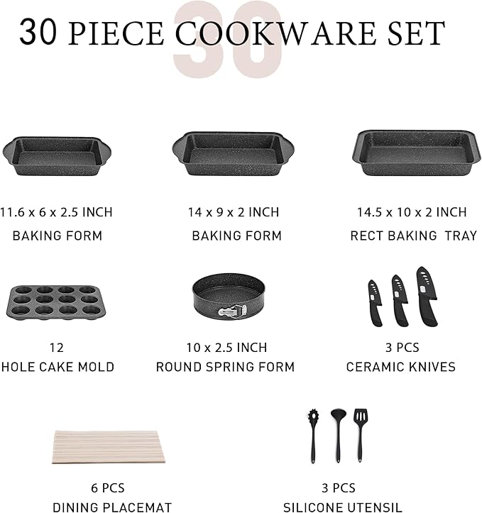 MAISON ARTS 30 Piece Pots and Pans Set Non Stick, Kitchen Cookware & Bakeware Sets with Nonstick Granite Coating, Baking Tray, Frying Pan and Saucepan, Black
