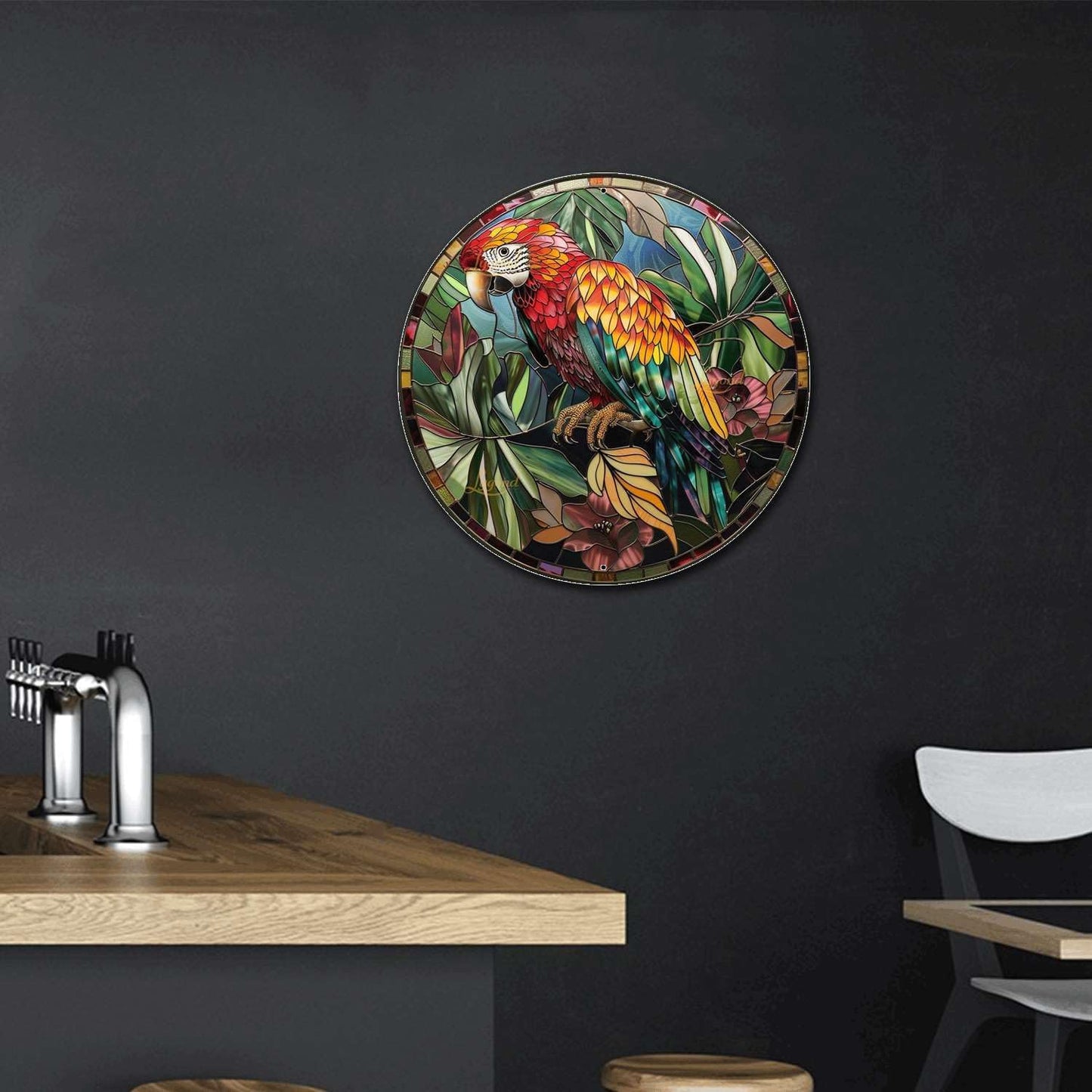 Lygond Metal Sign Tin Sign Circular Stained Glass Parrot Bar Signs for Home Bar for Patio 8×8 Inches