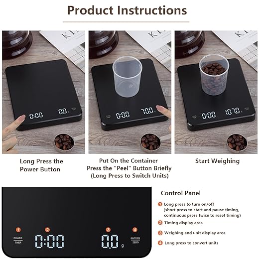 Digital Coffee Scale with Timer, Precision Espresso Scale, Rechargeable Pour Over Scale with Tare Function, Backlit Display for Barista & Home Brewing Milliliter and Grams, Maximum Weight 6.6lb