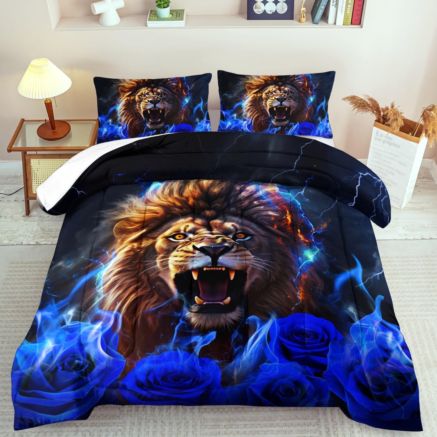 Lion Blue Comforter Set Queen,Lion Bedding Set Boys,Animal Print Comforter Bedroom Decor for Home,Vintage Floral Quilt,Blue Flower Bedding Adult,Tiger Quilt Bed Decor Teen