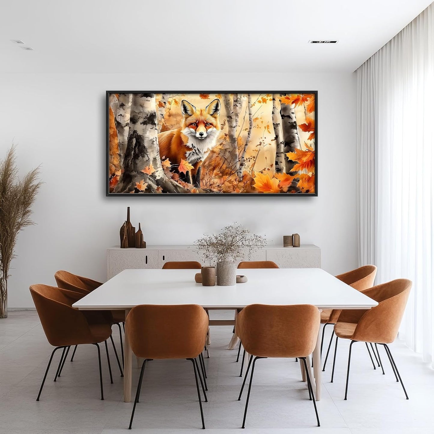 Large Fox Wall Art for Living Room, Framed Oversized Fall Autumn Forest Wall Decor Tree Maple Leaves Canvas Painting Modern Artwork for Living Room Bathroom Bedroom Office Dining Room 60"x30"