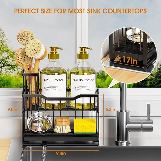 2-Tier Rustproof Kitchen Sink Caddy with Self-Draining Tray, Dish Brush & Sponge Holder, Non-Slip Base - Black