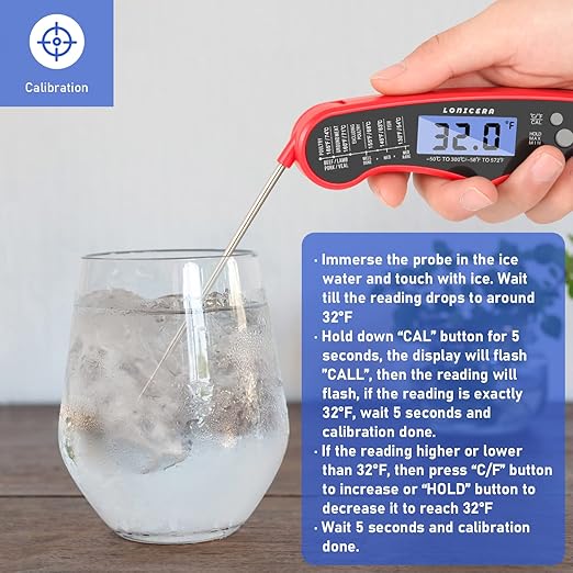 Lonicera Meat Thermometer Digital for Cooking Food. Waterproof & Instant Read for Kitchen Baking, BBQ. with Foldable Probe, Backlight & Calibration (Red)
