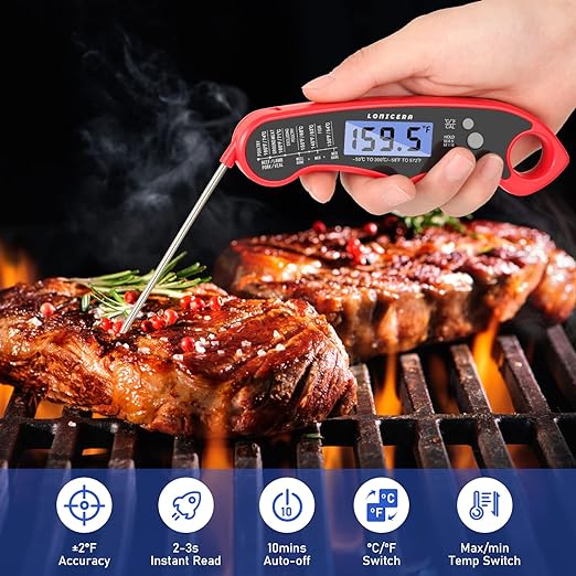 Lonicera Meat Thermometer Digital for Cooking Food. Waterproof & Instant Read for Kitchen Baking, BBQ. with Foldable Probe, Backlight & Calibration (Red)