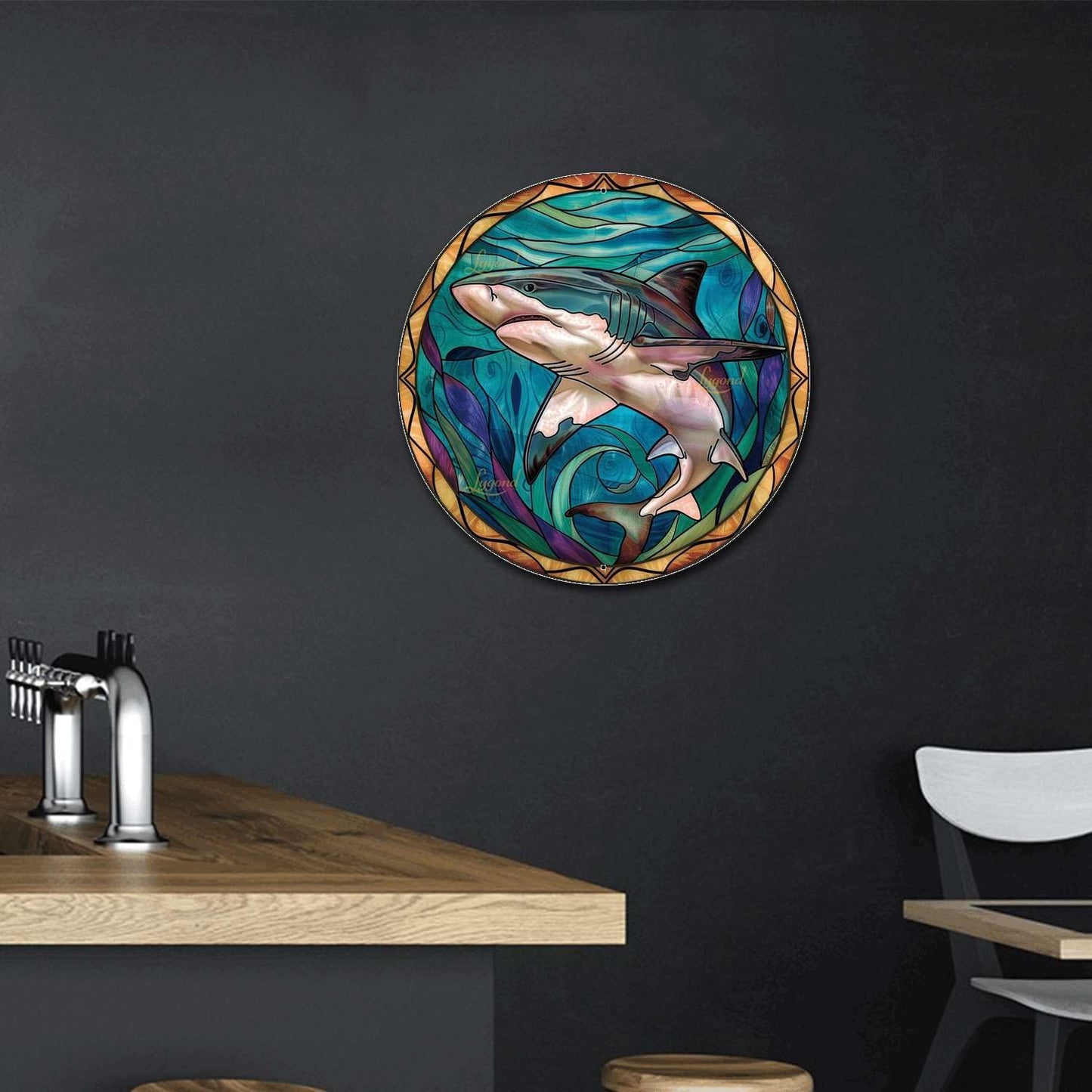 Lygond Metal Sign Tin Sign Circular Stained Glass Shark Decor Outdoor for Patio 12×12 Inches
