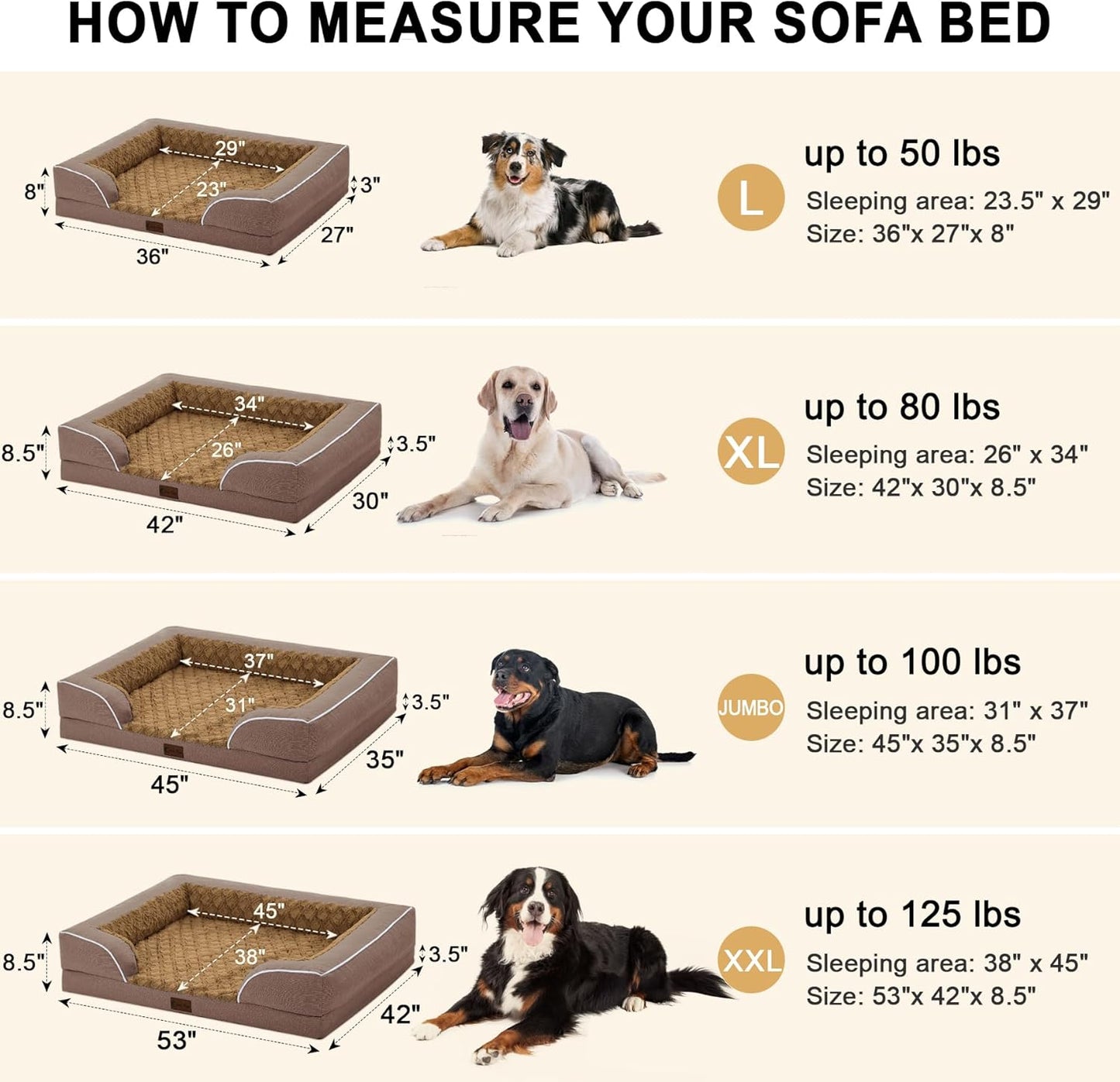 Orthopedic Dog Beds, Waterproof Memory Foam Large Sized Dog Bed with Sides, Non-Slip Bottom and Egg-Crate Foam Big Dogs Beds with Removable Washable Cover(Large,Brown)