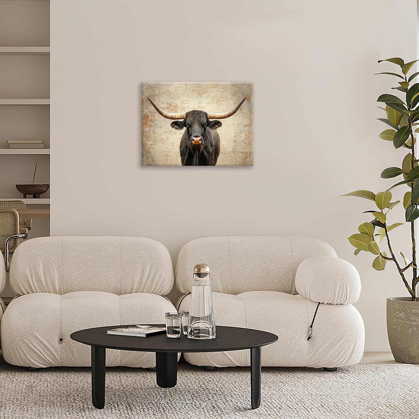 Rustic Highland Cow Pictures Wall Art, Farmhouse Longhorn Bull Bathroom Wall Decor Black Cow Framed Painting Canvas Artwork for Bathroom Bedroom Living Room Decorations 16"L x 12"W