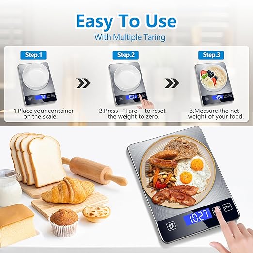 Food Scale, 33lb Digital Kitchen Scale Weight Grams and oz for Cooking Baking, 1g/0.1oz Precise Graduation, Stainless Steel and Tempered Glass