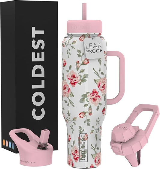 Coldest Tumbler with Handle and Straw - 100% Leak Proof Insulated Tumbler with Lid and Straw (3 Lids) - Stainless Steel Tumblers for Women & Men - Cup Holder Friendly Base, 46 oz (Pink Petals)