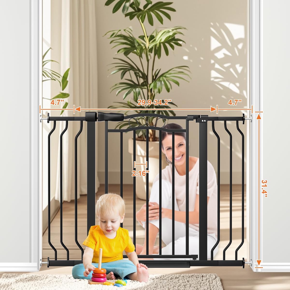 29.5-43.7" Wide Baby Gate for Stairs No Drilling, 30" Tall Metal Pet Baby Safety Gates with Expansion Kit, Press Mounted Pet Gate Indoor for Kids, Walk Through Dog Gates for Doorways, Black