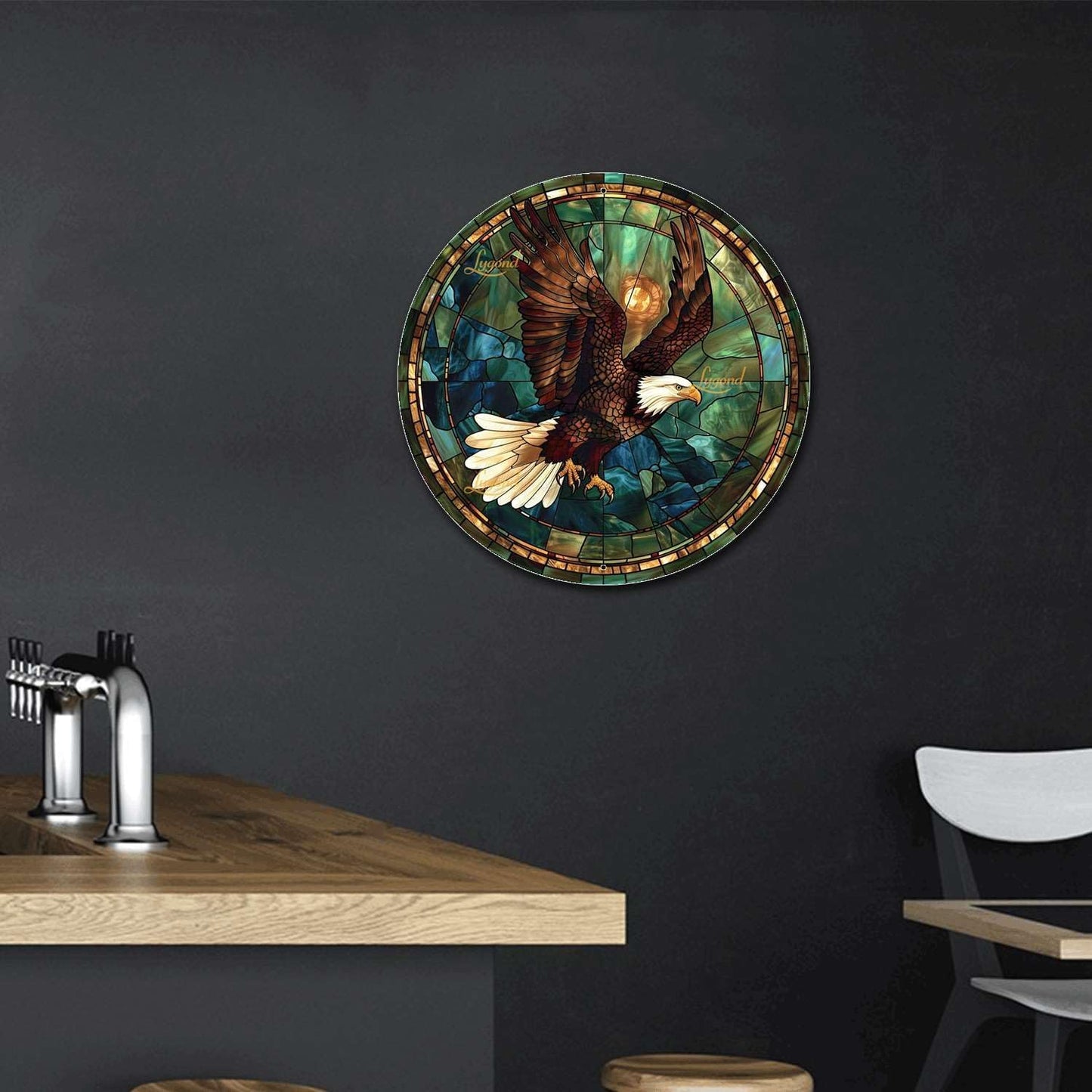 Lygond Metal Sign Tin Sign Circular Stained Glass American Bald Eagle Bathroom Signs for Home for Yard 8×8 Inches