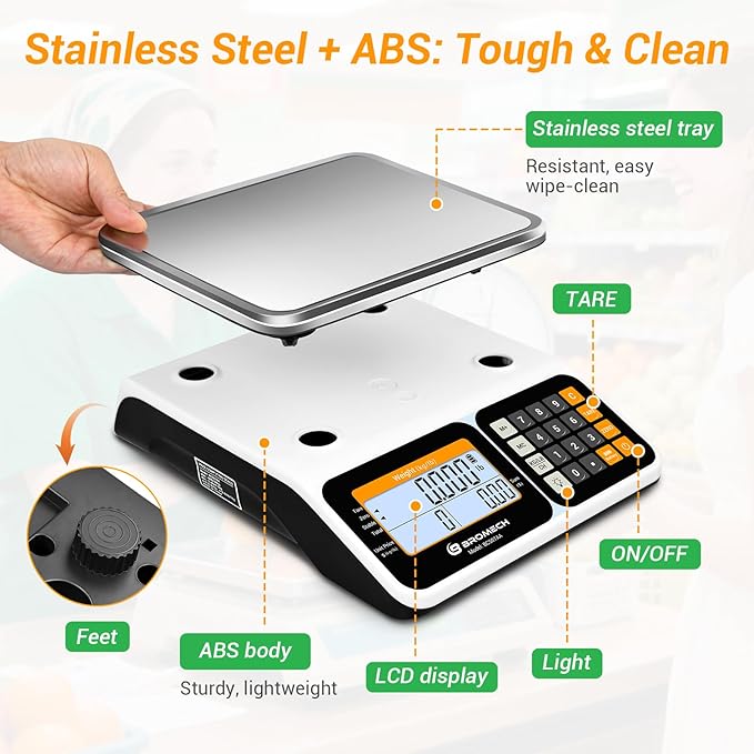 Commercial Kitchen Scale 66LB/30KG, Dual Upgrade LCD Display, Digital Price Computing, 5g Precision, Stainless Steel Pan for Produce, Meat, Food, Ideal for Farmers Market, Deli, Retail Outlets