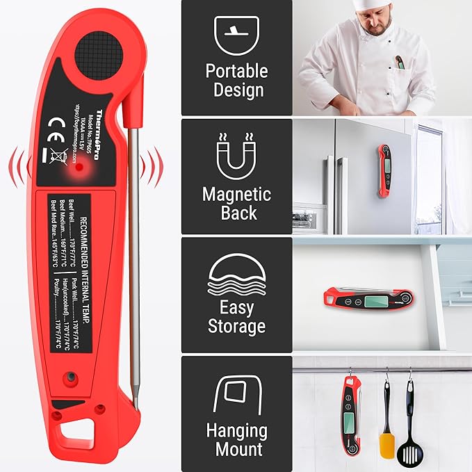ThermoPro TP605 Instant Read Meat Thermometer for Cooking, Waterproof Digital Food Thermometer with Large Backlit LCD, 180° Foldaway Probe Kitchen Thermometer for Grilling, Smoking & Candy Making
