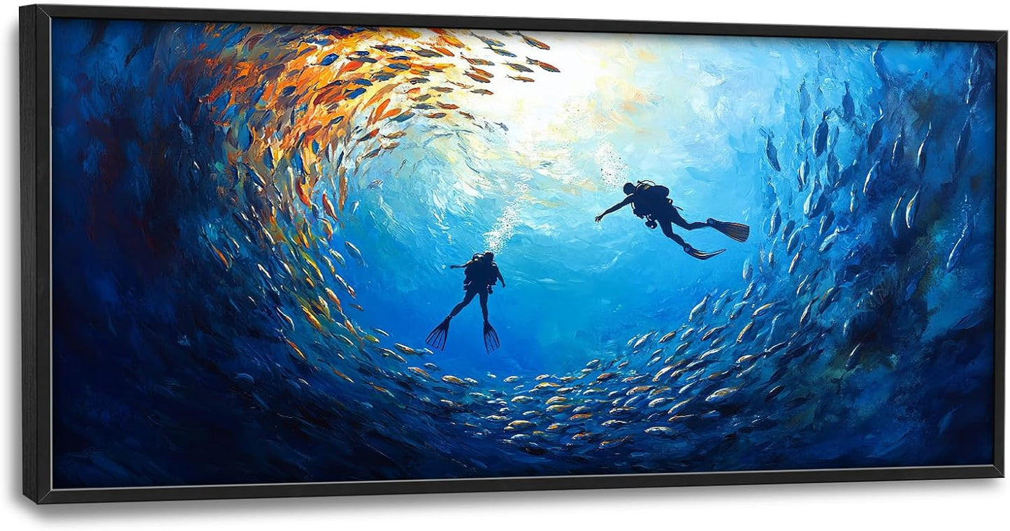 Large Ocean Diving Wall Art for Living Room, Framed Oversized Fish Wall Decor Underwater Marine Life Canvas Painting Modern Artwork for Living Room Bathroom Bedroom Office Dining Room 60"x30"