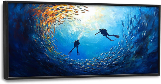 Large Ocean Diving Wall Art for Living Room, Framed Oversized Fish Wall Decor Underwater Marine Life Canvas Painting Modern Artwork for Living Room Bathroom Bedroom Office Dining Room 60"x30"