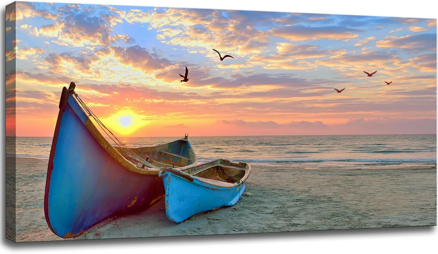 Ocean Sunset Canvas Wall Art for Living Room Sail Boat Framed Artwork Seascape Painting Coastal Pictures for Bedroom Office Wall Decoration 20x40 Inch