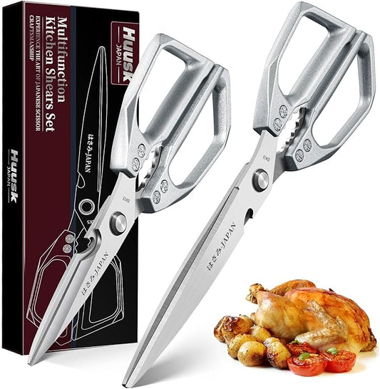 HUUSK Kitchen Scissors Set Silver - Upgraded Stainless Steel Kitchen Shear, Sharp Meat Scissors Dishwasher Safe, Heavy Duty Poultry Shears, Japanese Cooking Scissor for Food, Christmas Gifts for Women