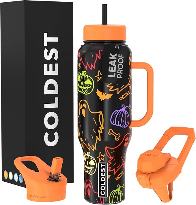 Coldest Tumbler with Handle and Straw, 100% Leak Proof Insulated Tumbler with Lid and Straw (3 Lids), Stainless Steel Tumblers for Women & Men, Cup Holder Friendly Base, 46 oz (Eerie-sistible)