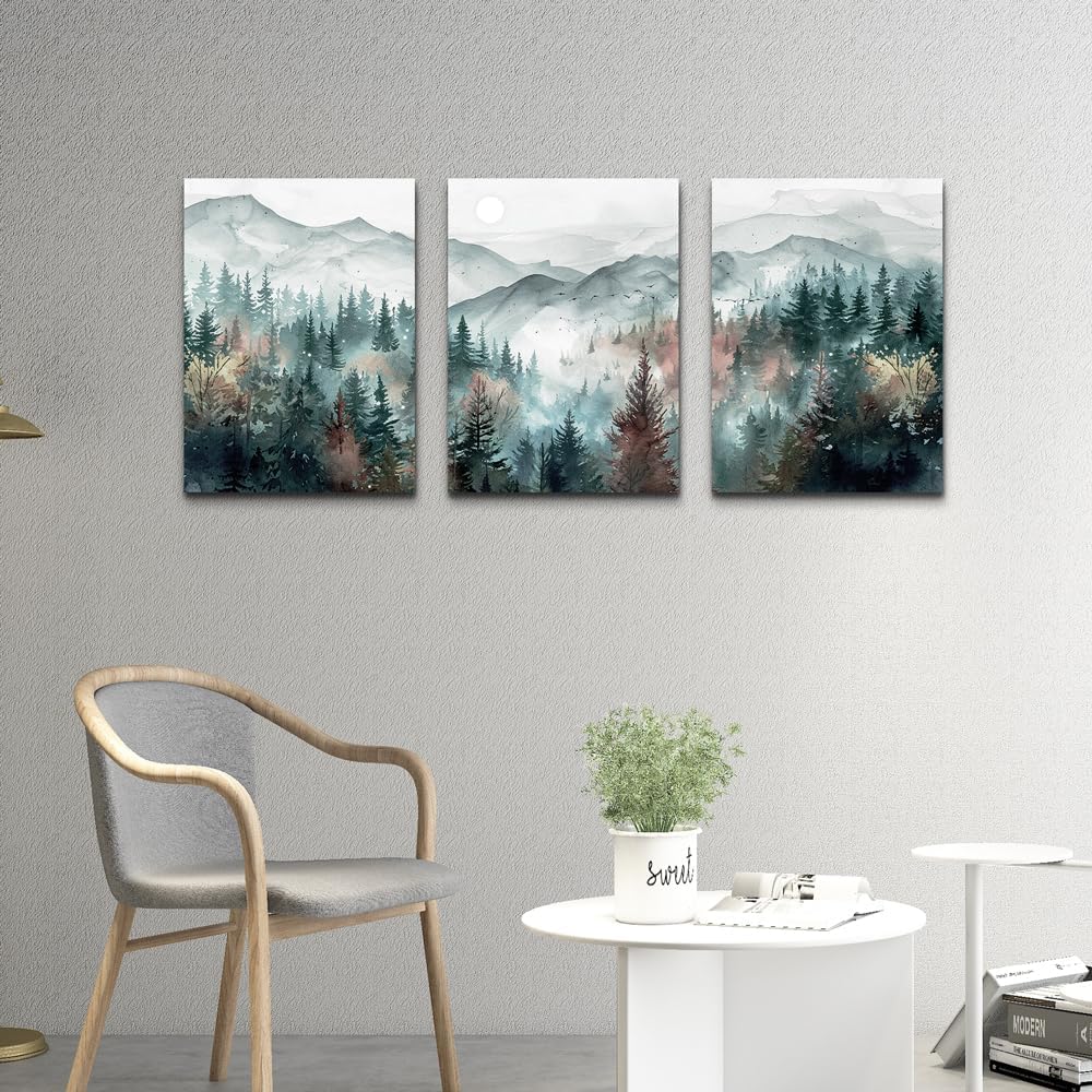 TTHYUEWS Farmhouse Wall Art For Living Room Canvas Wall Decor For Bedroom Wall Pictures for Office Fog Forest Mountain Landscape Watercolour Paintings Artwork Home Decorations Ready To Hang 3 Piece