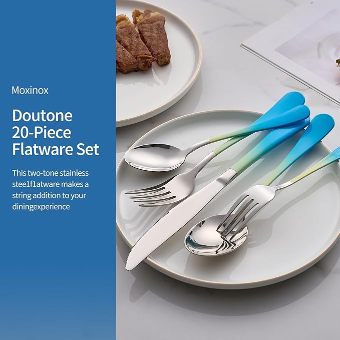 20-Piece Yellow&Blue Silverware Set, 18/0 Stainless Steel Colorful Handle Flatware Set, Service for 4, Modern Cutlery Set Includes Dinner Knives Forks Spoons, Mirror Polished, Dishwasher Safe