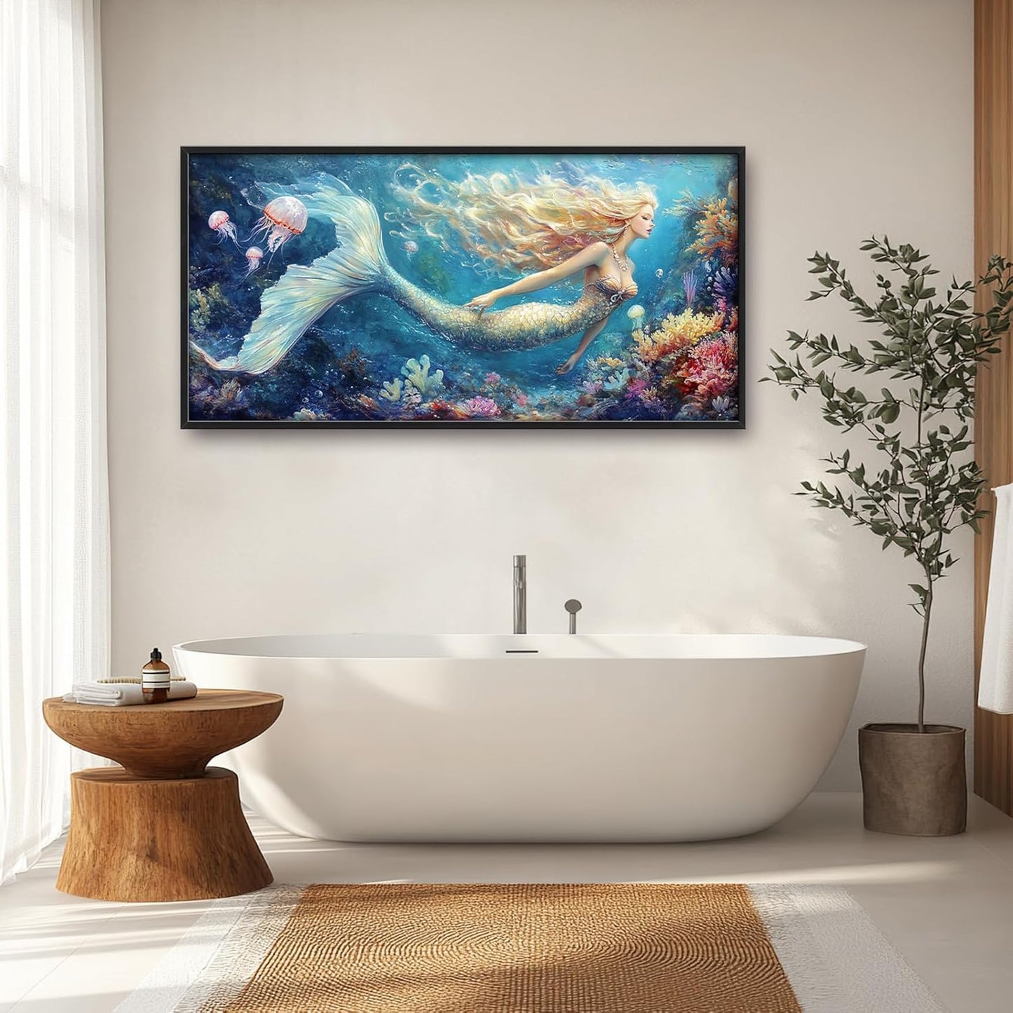 Extra Large Framed Mermaid Wall Art,Oversized Undersea Ocean Wall Decor,Colorful Coral Reefs Pictures for Living Room,Elegant Canvas Print Painting Modern Artwork Bedroom Bathroom 60L x 30W