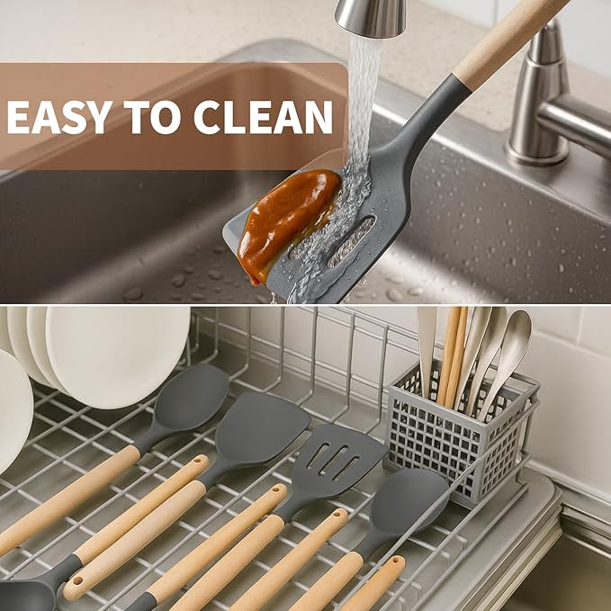 77L Silicone Cooking Utensils Set with Holder 32 PCS, Non-Stick Kitchen Cooking Utensils Set, Spatula, Turner, Tongs, Spatula, Spoon, Wooden Handle Kitchen Gadgets Utensil Set, Dishwasher Safe