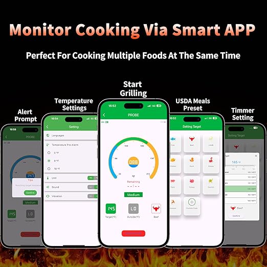 Wireless Meat Thermometer Digital, 600 Ft Long Range Bluetooth 5.3 with Smart App Control, High Accuracy Waterproof Ceramic Probe, Fast Charging & Magnetic for Oven Grill BBQ Smoker Rotisserie