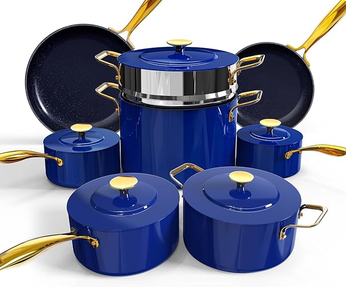 Nuwave Lux LE 13-Pc Cookware Set with Elegant Gold Handle, Diamond Infused Ceramic Non-Stick, PFAS Free, Premium Metal Lids, Ergonomic Stay-Cool Handles, Induction Ready & Compatible w/All Cooktops