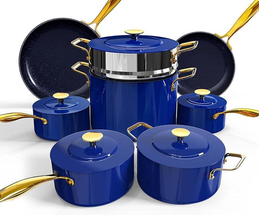 Nuwave Lux LE 13-Pc Cookware Set with Elegant Gold Handle, Diamond Infused Ceramic Non-Stick, PFAS Free, Premium Metal Lids, Ergonomic Stay-Cool Handles, Induction Ready & Compatible w/All Cooktops