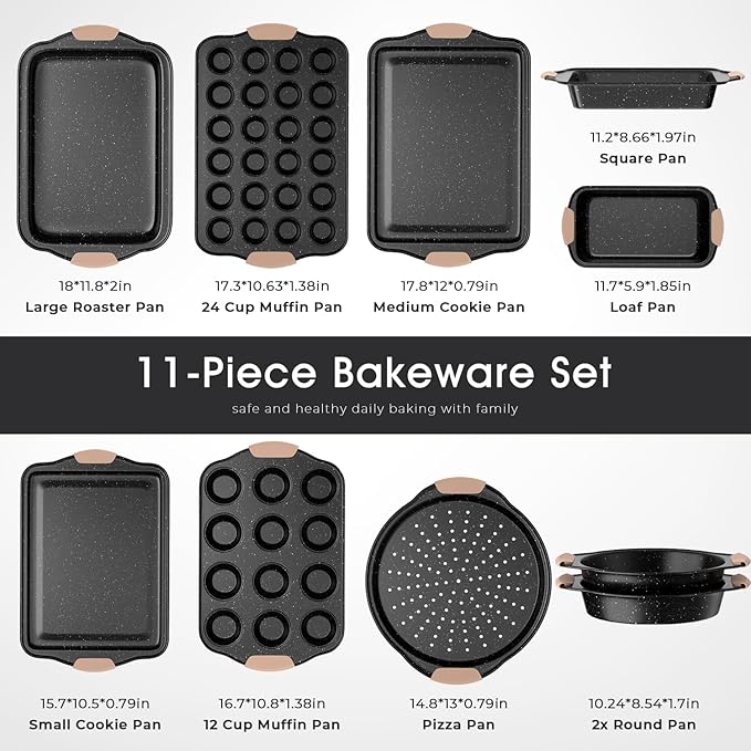 11-Piece Baking Pans Set, Nonstick Bakeware Sets, Oven Pans for Baking with Silicone Handles, Includes Cookie Sheet, Cake Pans, Loaf Pan, Pizza Pan, Muffin Pan, Khaki&Black