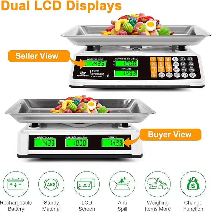 Price Computing Scale 88lb/40kg Commercial Food Scale for Produce Meat with Stainless Steel Large Platform, LCD Display, and Green Bright Backlight for Farmers Markets, Deli, （Not for Trade）