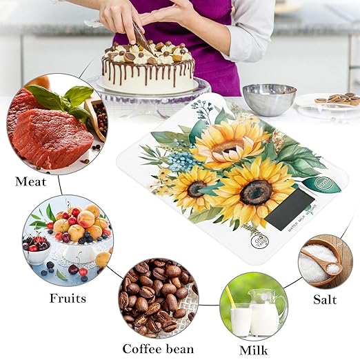 Digital Food Scale Sunflowers White – Fashion Design, 11lb/0.01oz, Tempered Glass, Kitchen Scales with LCD Display for Baking & Cooking, Batteries Not Included