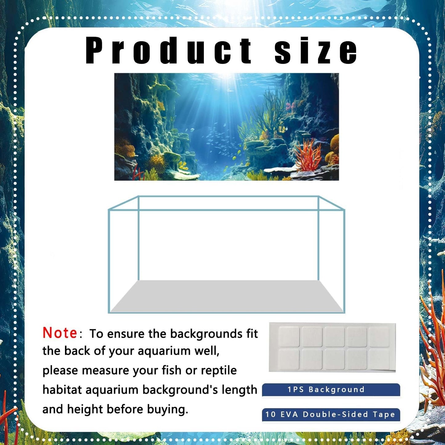 24X16IN Blue Sea Floor Aquarium Background, Natural Underwater World 3D Effect Fish Tank Decorations Background, Art Terrarium Background with 8 EVA Double-Sided Tape
