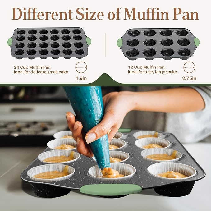 11-Piece Nonstick Bakeware Set, Stackable & Oven-Safe Kitchen Baking Pans with Silicone Handles - Includes Cookie Sheet, Cake Pan, Muffin Tin, Pizza Stone & Bread Loaf Pan, Dark Green&Black