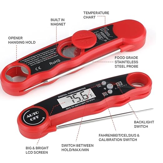 Meat Thermometer Digital, Instant Read Food Thermometer for Cooking, Grilling and Air Fryer, Kitchen Gadgets and BBQ Accessories, Digital Probe Thermometer for Grill, Griddle and More