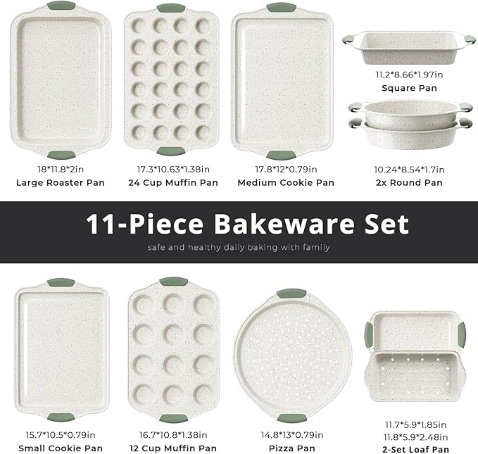 11-Piece Non-Toxic Baking Set, Stackable Nonstick Cookware with Heat-Resistant Handles - Includes Cookie Tray, Round Cake Pan, Muffin Cups, Pizza Pan & Loaf Baker, White&Light Green